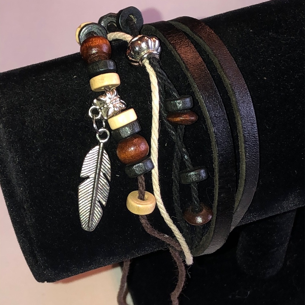Multi-Strand Black & Brown Faux Leather Bracelet with Feather Charm